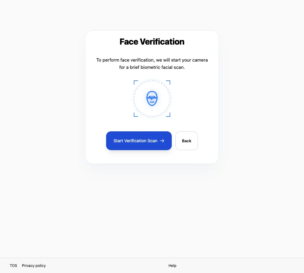 英文人脸验证说明页，介绍即将启动摄像头，并提供 Start Verification Scan 和 Back