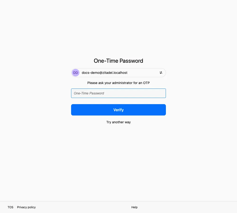 英文一次性密码页面，提示向管理员获取 OTP，下方是输入框和 Verify 按钮