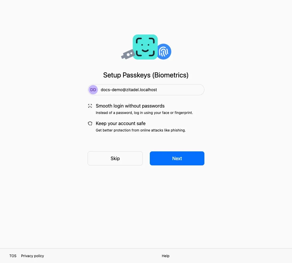 英文 Passkey 设置提示页，展示无密码登录和账号安全两项说明