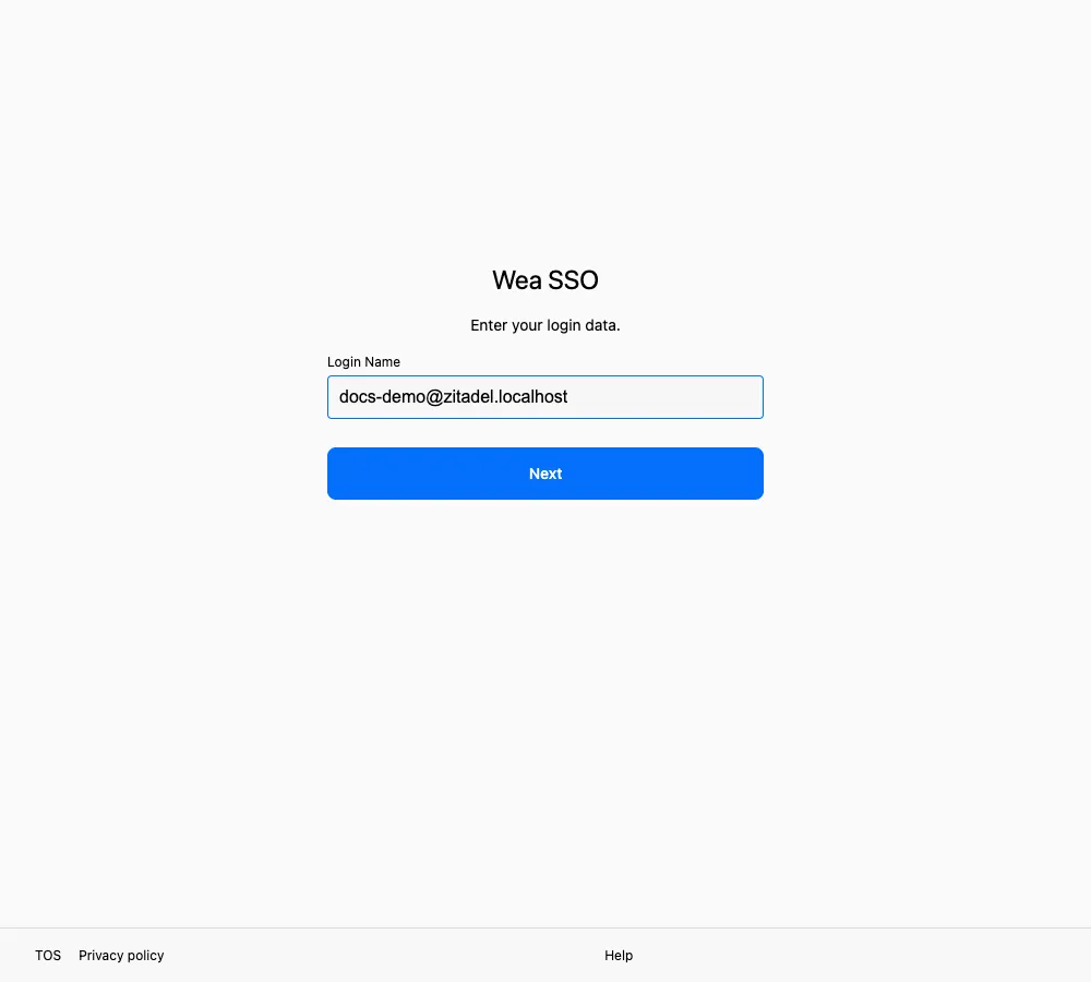 英文 WeaSSO 登录页，只有登录名输入框和 Next 按钮，没有用户注册按钮