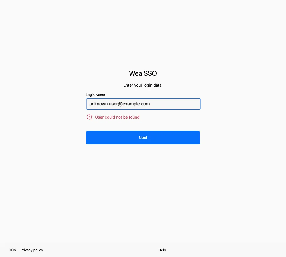 英文登录名页面在输入框下方显示红色的 User could not be found 提示
