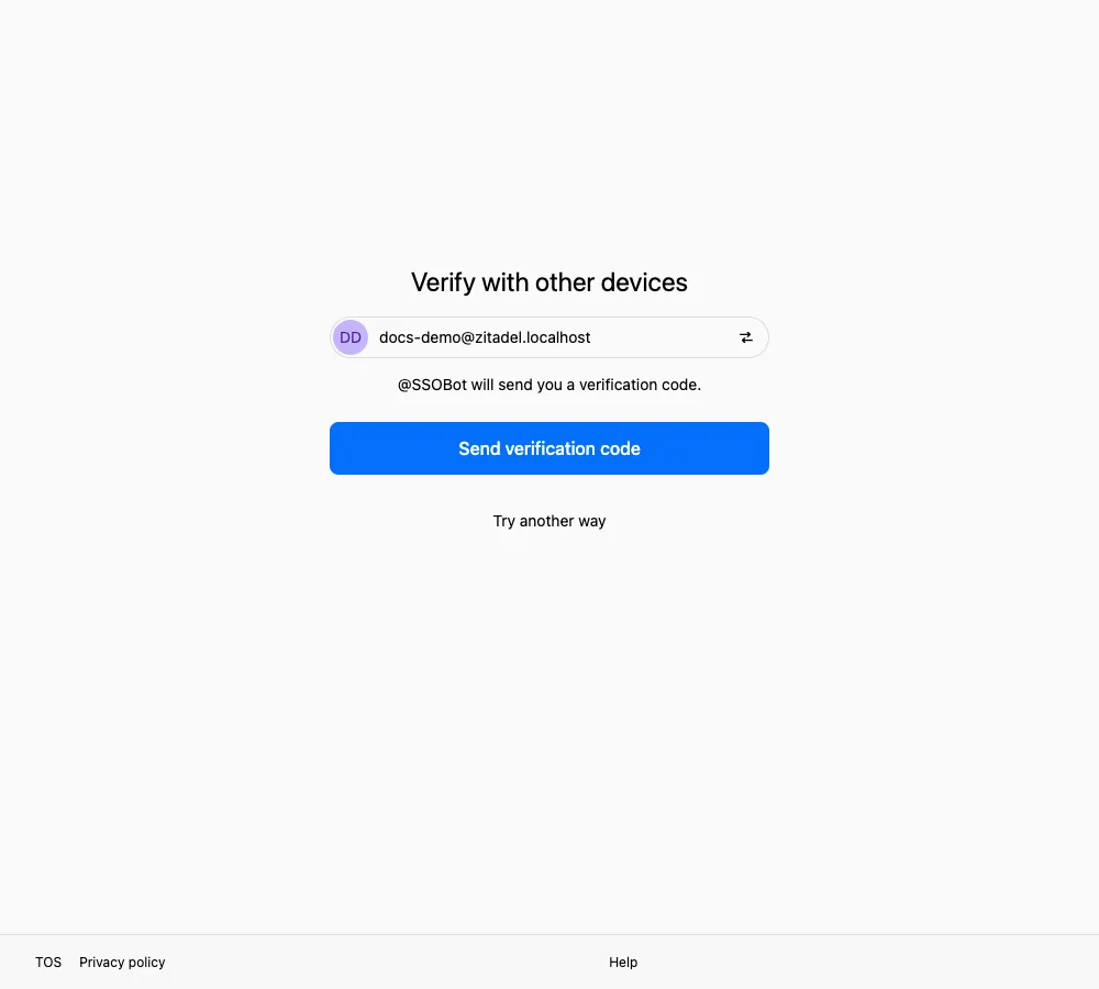 英文多设备验证页面，提示 @SSOBot 将发送验证码，下方是 Send verification code 按钮