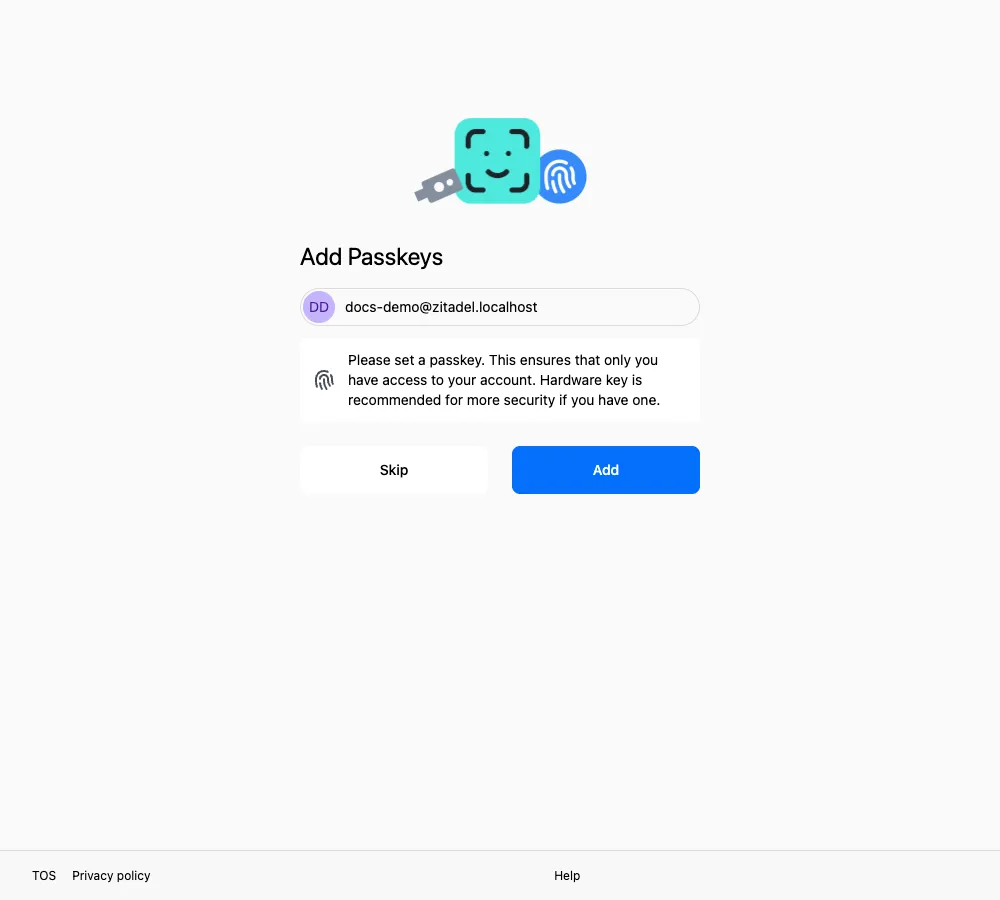 英文 Add Passkeys 页面，底部提供 Skip 和 Add 按钮