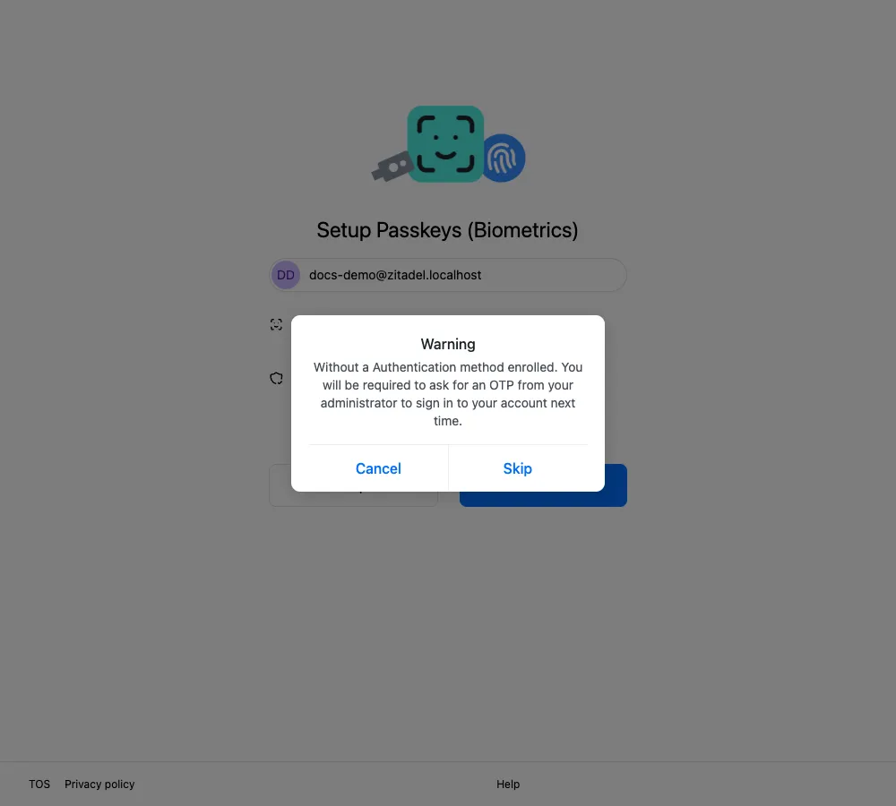 英文跳过 Passkey 的警告弹窗，说明下次登录需要向管理员获取 OTP